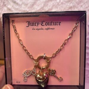 Juicy Couture Necklace Charm Puffer Heart Key &Juicy Rhinestones Logo Gold Tone